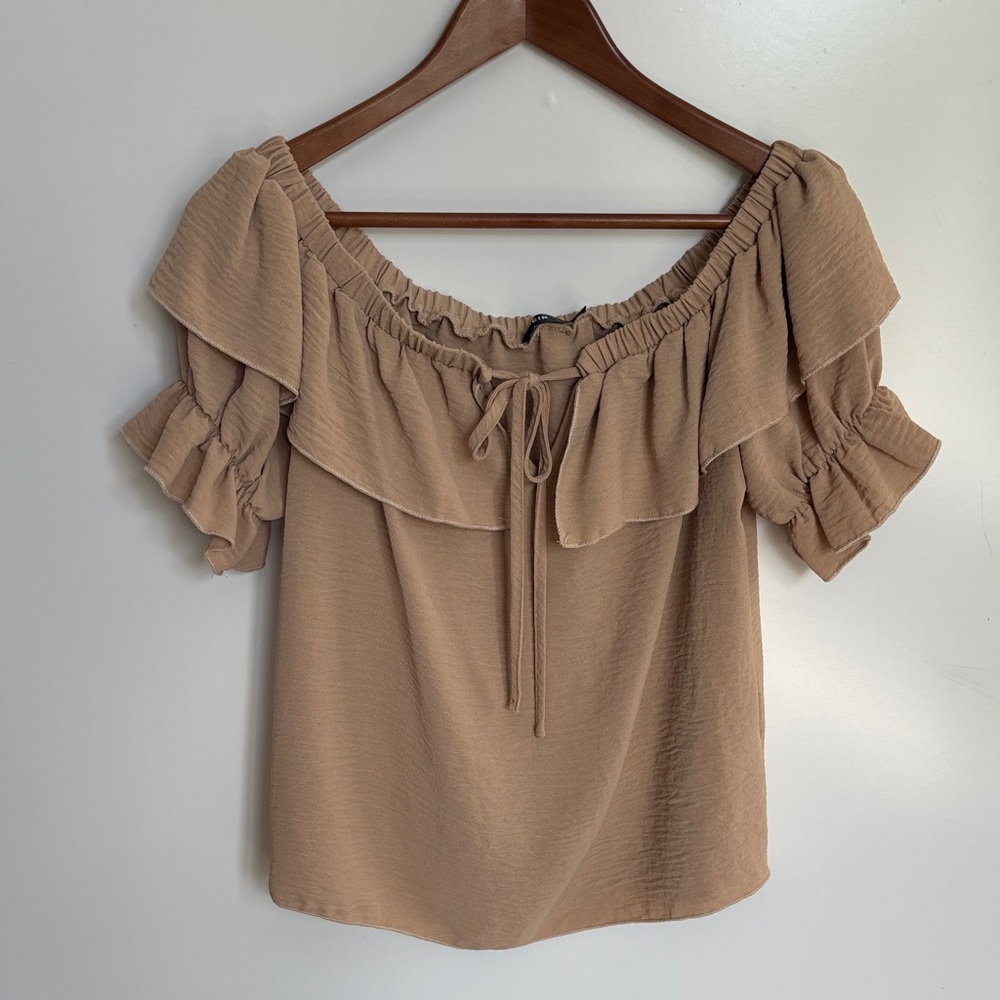 Tan Off-Shoulder Ruffle Blouse - Picture 2 of 9